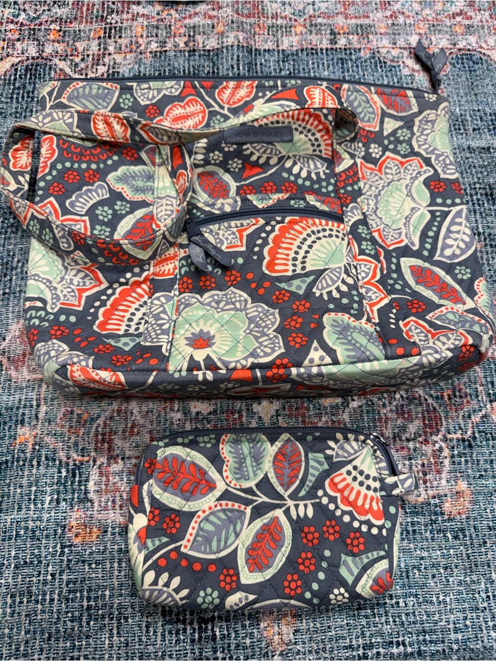 Vera Bradley Navy Multi Floral Quilted Tote with Coin Pouch